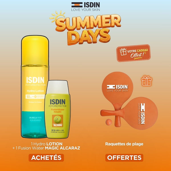 ISDIN HYDRO LOTION + Fusion Water Magic Alcaraz = Raquettes de plage Offerts