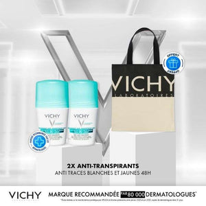 VICHY OFFRE 2 DEODORANTS ANTI TRACES BLANCHES ET JAUNES + SAC VICHY OFFERT