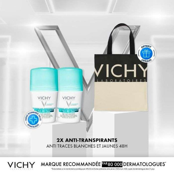 VICHY OFFRE 2 DEODORANTS ANTI TRACES BLANCHES ET JAUNES + SAC VICHY OFFERT